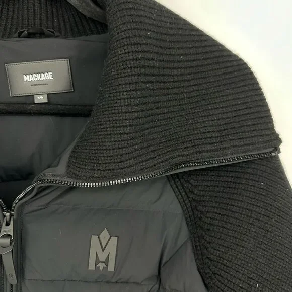 Mackage Foxy mixed media jacket Sz L Black Puffer Wool Bishop Sleeves Minimalist
